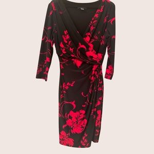 Red Floral Wrap 3/4 Sleeve Midi Dress